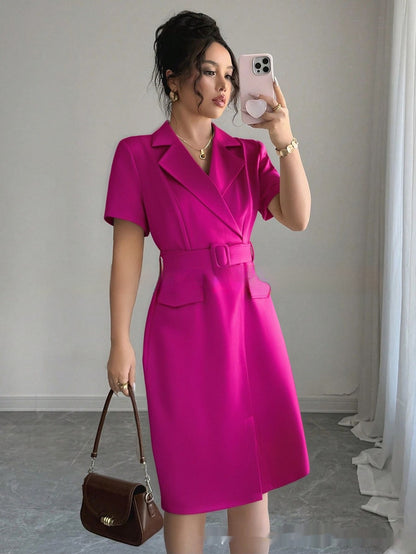Summer Solid Color Elegant Short Sleeve Shirt Dress