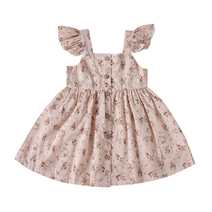 Children's Tricolor Floral Fly Sleeve Slip Dress