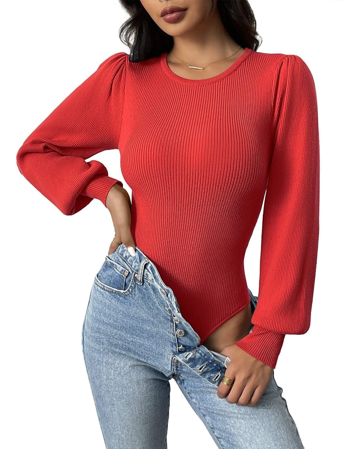 Women's Tight Round Neck Puff Sleeve Jumpsuit