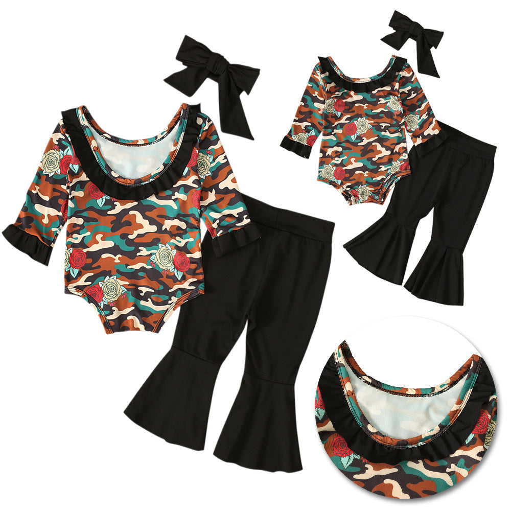 Girls Camouflage Long Sleeve Romper Black Flared Trousers Headband Set