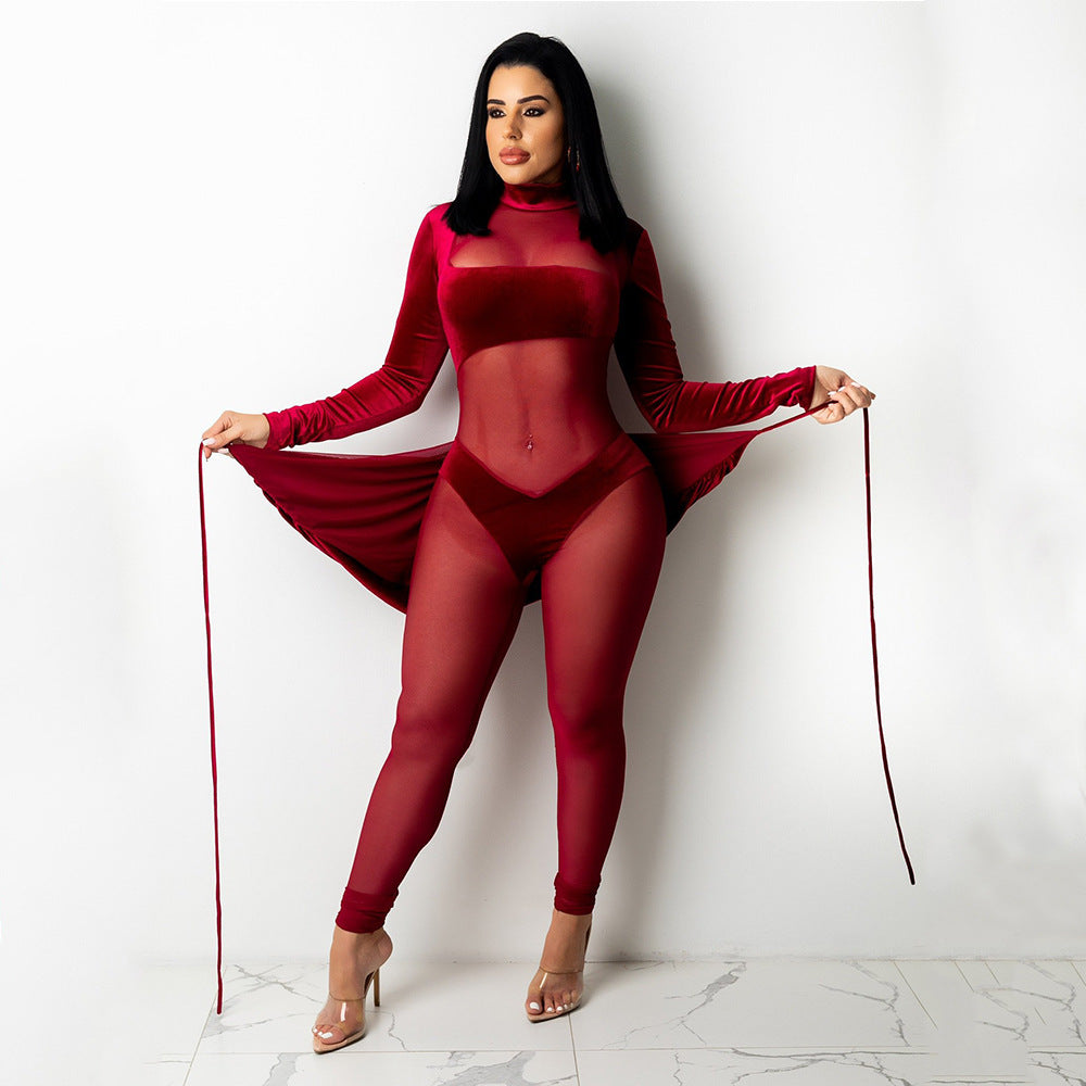 Sexy Mesh Velvet Stitching Solid Color Jumpsuit