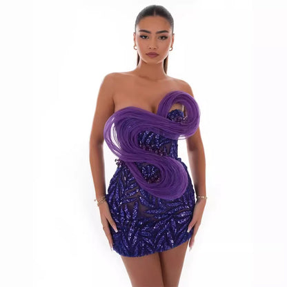 Fashion Backless Off-shoulder Tube Top Mesh Sequins Tight Purple Mini Dress