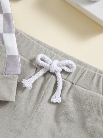 Girls' Plaid Colorblock T-shirt Hooded Shorts Two-piece Set