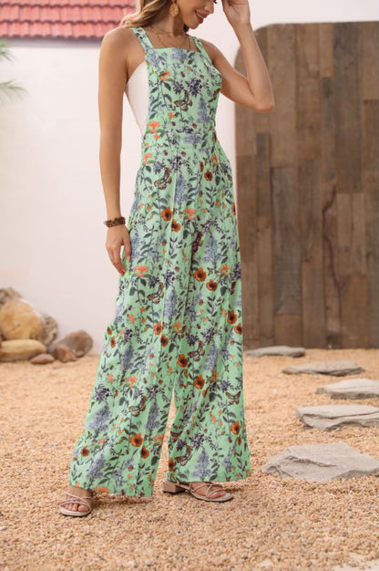 Cross-border Floral Print Button Wide Leg Jumpsuit Hot Sale In Stock