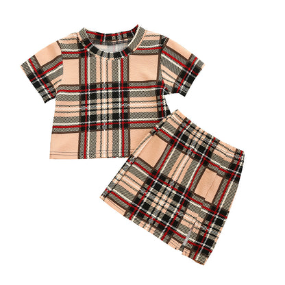 Girls Fashion Plaid Short Sleeve Top Skirt Two Piece Set