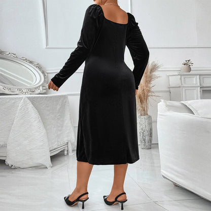 Plus Size Women's Slim Hip Split Velvet Long Sleeves Party Dress