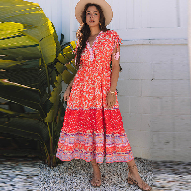 Women's High Waist A- Line Floral Printed V-neck Dress