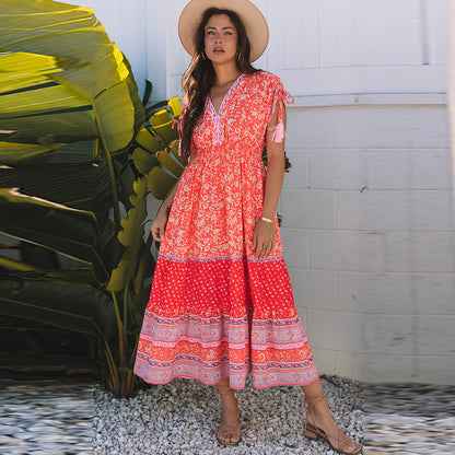 Women's High Waist A- Line Floral Printed V-neck Dress