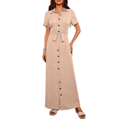 Women's Lapel Dress Cardigan Button Belt Decorated Dress