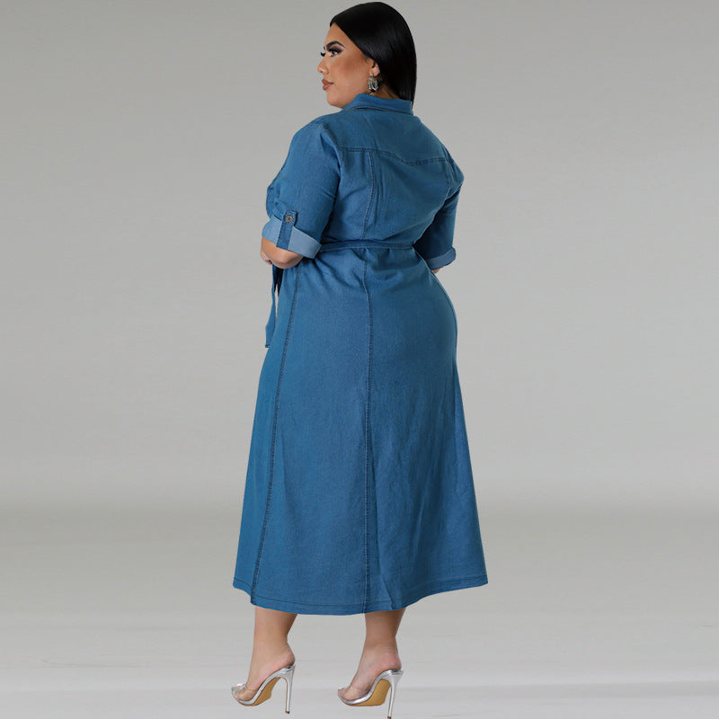 Denim Lapel Long Sleeve Tied Midi Dress