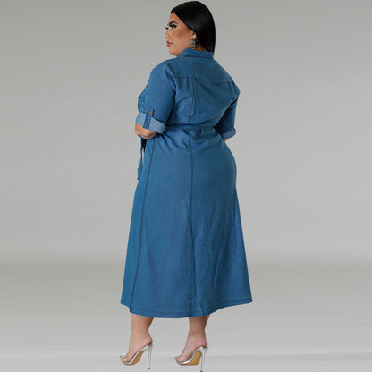Denim Lapel Long Sleeve Tied Midi Dress