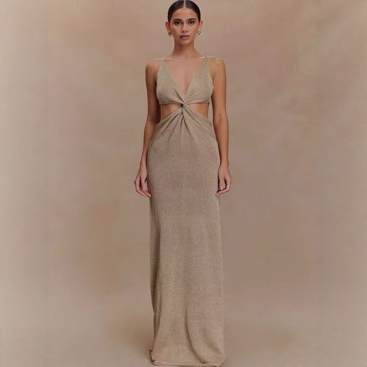 Sexy Twisted Vest Gold And Silver Wire Spring And Summer V-neck Dress