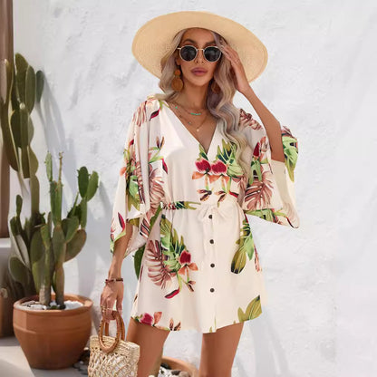 Women's Summer Leaf Print Half-length Sleeve Dress