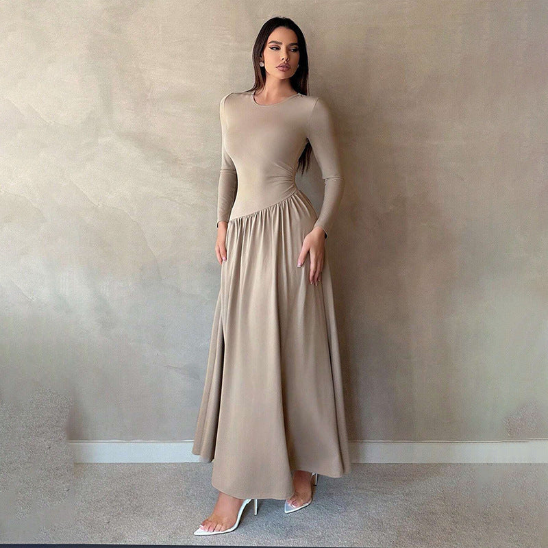 Base Pleated Solid Color Long Dress