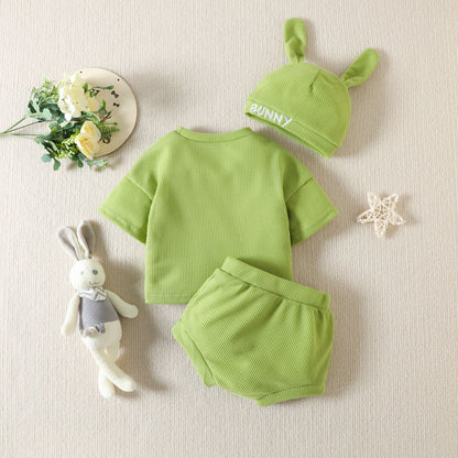 Spring Cute Solid Color Children T-shirt Shorts Hat Suit