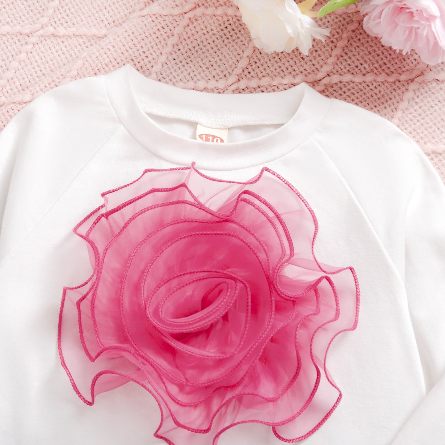 3D Floral Long-sleeved Top With Wide-leg Pants Fashion