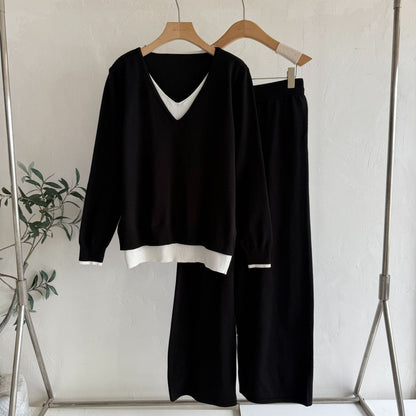 Autumn Winter Retro Fake Two-piece V-neck Fashion Knitwear Top