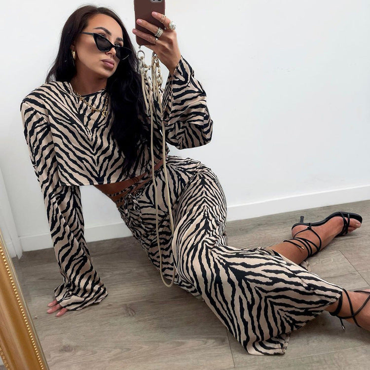 Zebra Striped Long Sleeves Cropped Top Suit Skirt Two-piece Set