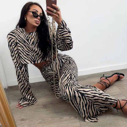 Zebra Striped Long Sleeves Cropped Top Suit Skirt Two-piece Set