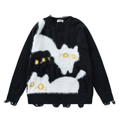 American Retro Plush Cat Ripped Tassel Design Sweater