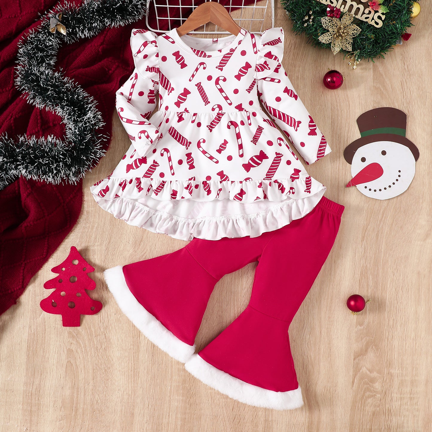 Christmas Candy Plush Bell-bottom Pants Suit