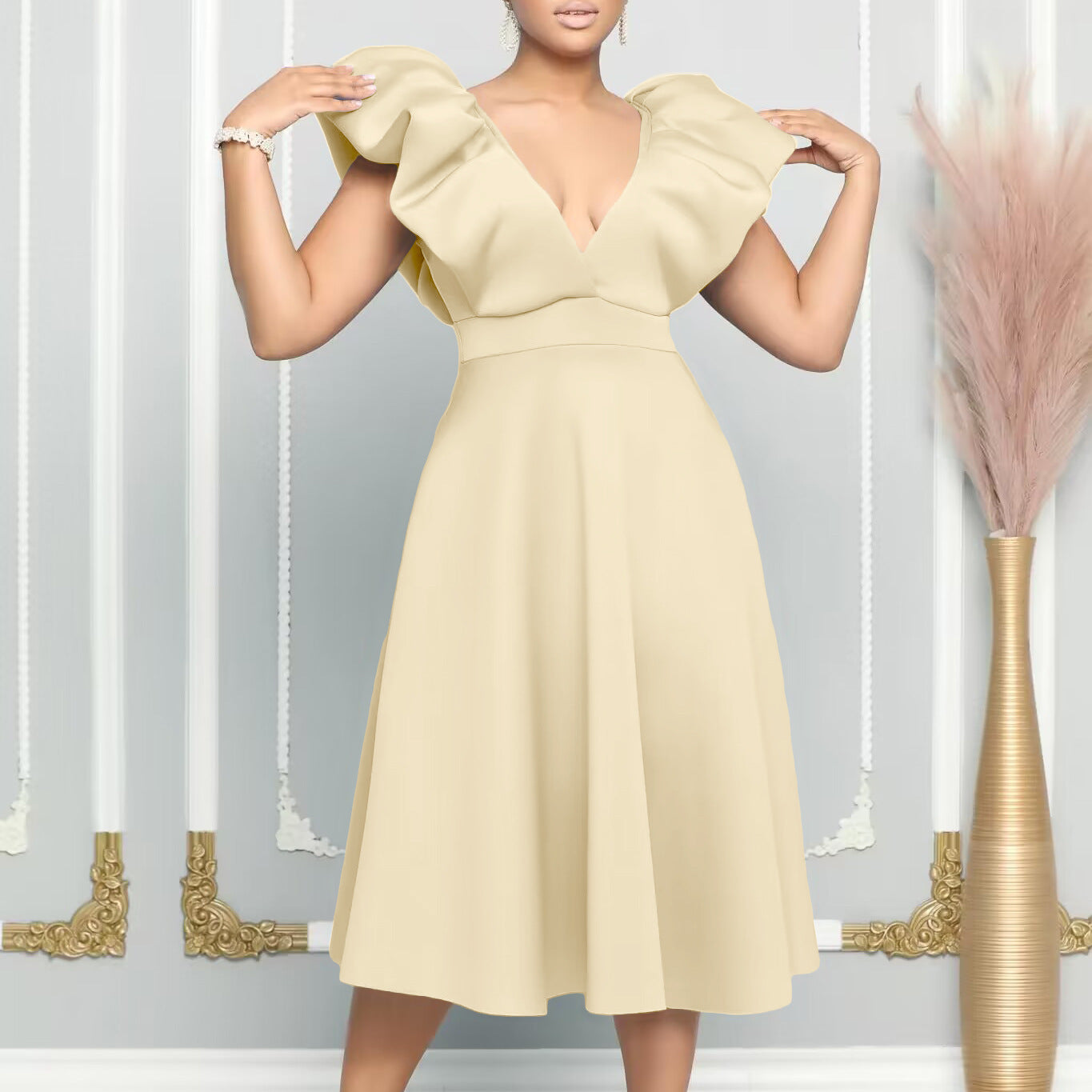 Women's Solid Color Versatile New Deep V-neck Dress