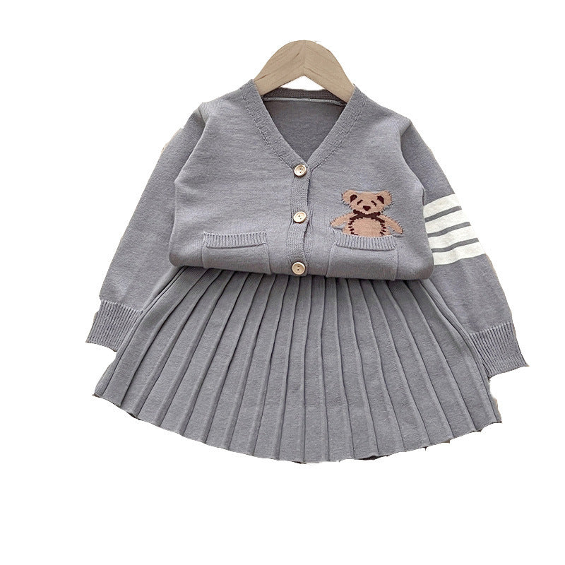 Children's College Popular Cardigan Skirt Two-piece Set Bear
