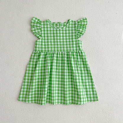 Girls' Plaid Dress Flounced Sleeve Cute Princess Dress
