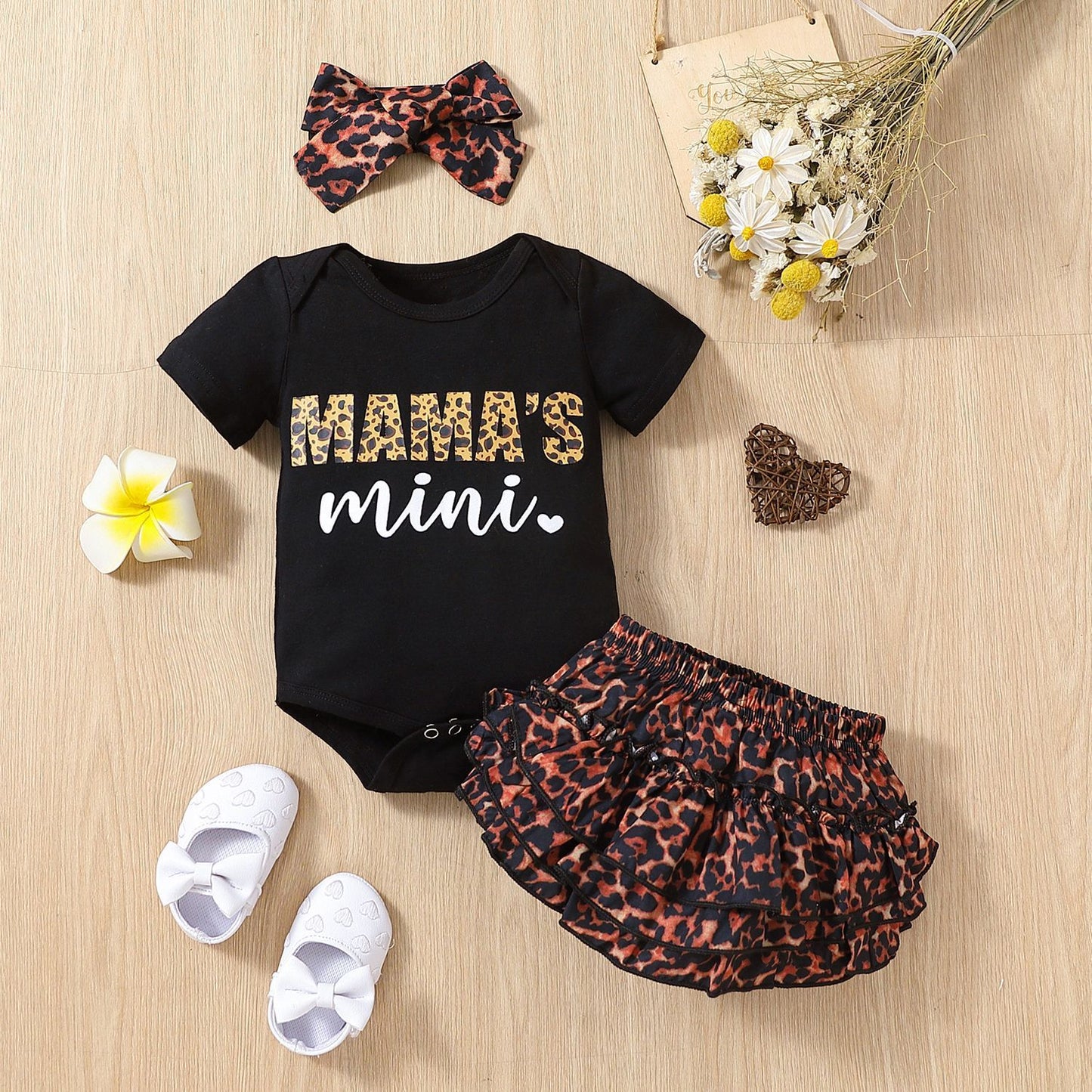 European And American Cotton Leopard Print Letter Mama Short Sleeve Triangle Rompers Cake Pantskirt Headdress