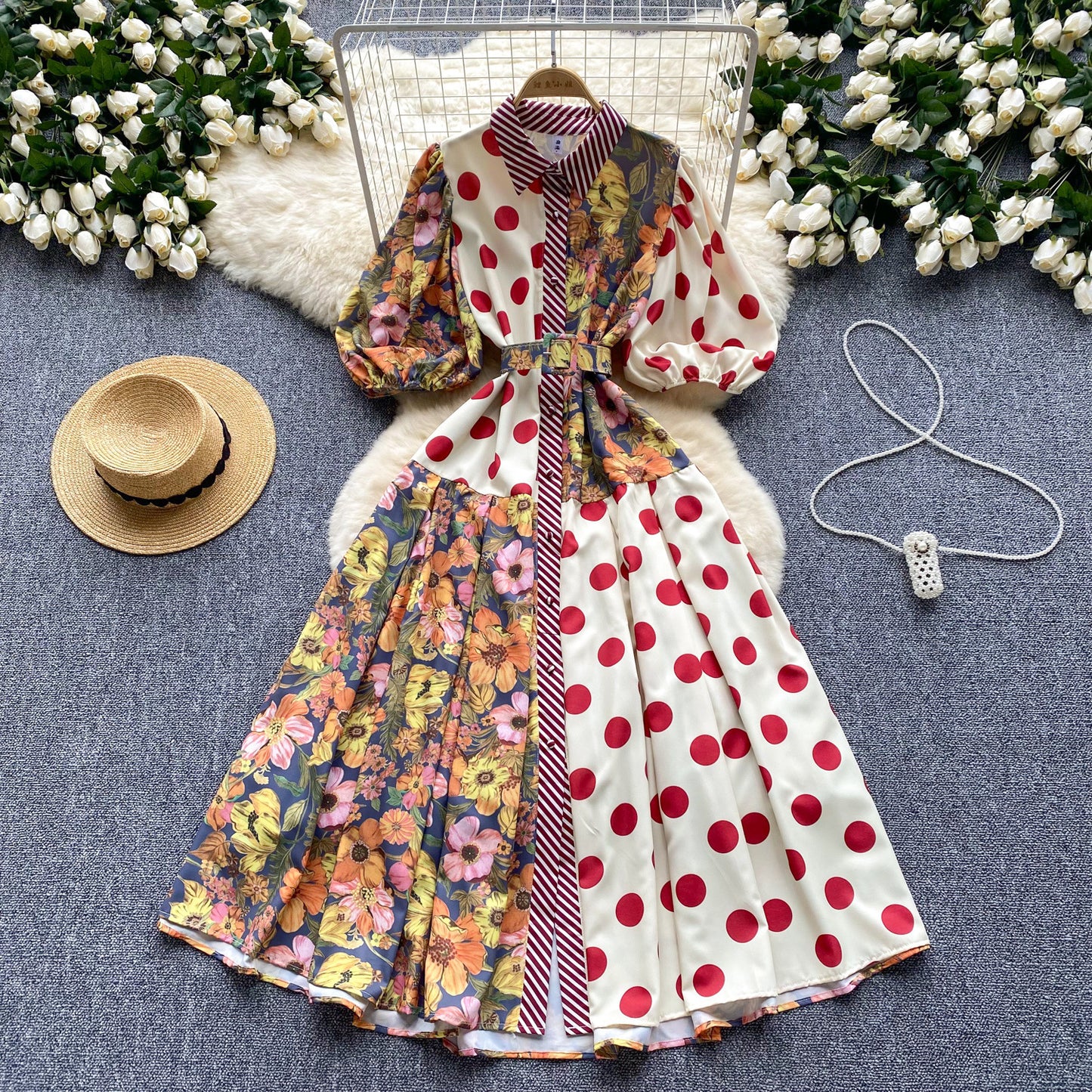 Women's Vintage Court Printed Lantern Sleeve Dress