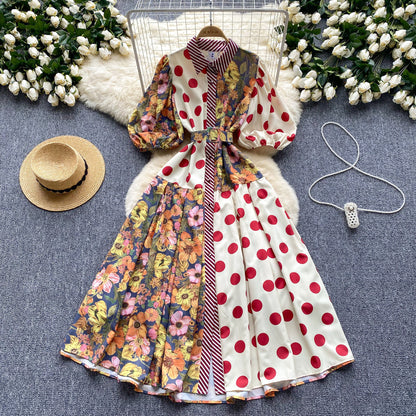 Women's Vintage Court Printed Lantern Sleeve Dress