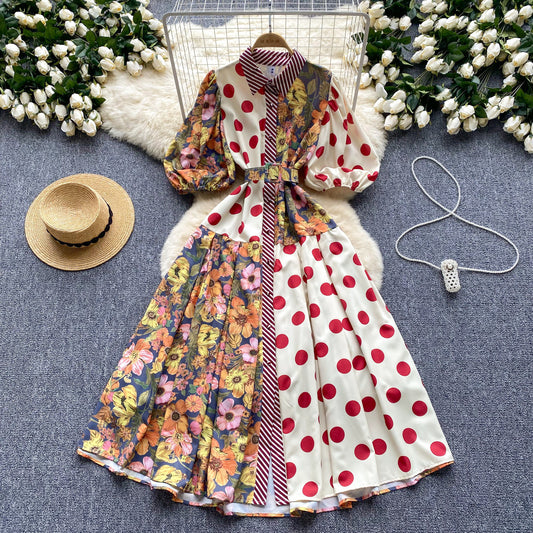 Women's Vintage Court Printed Lantern Sleeve Dress