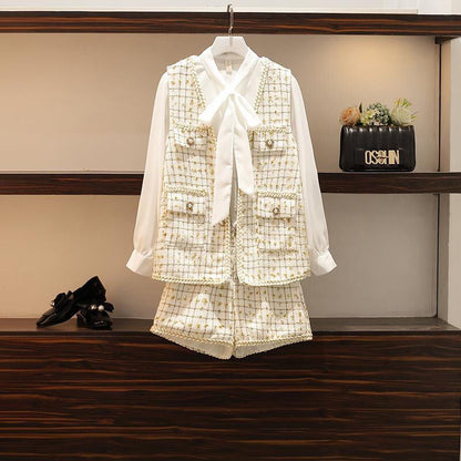 Autumn And Winter New Fat Sister Western Style Is Thin And Small Fragrance Vest Shirt Shorts Three-piece Suit