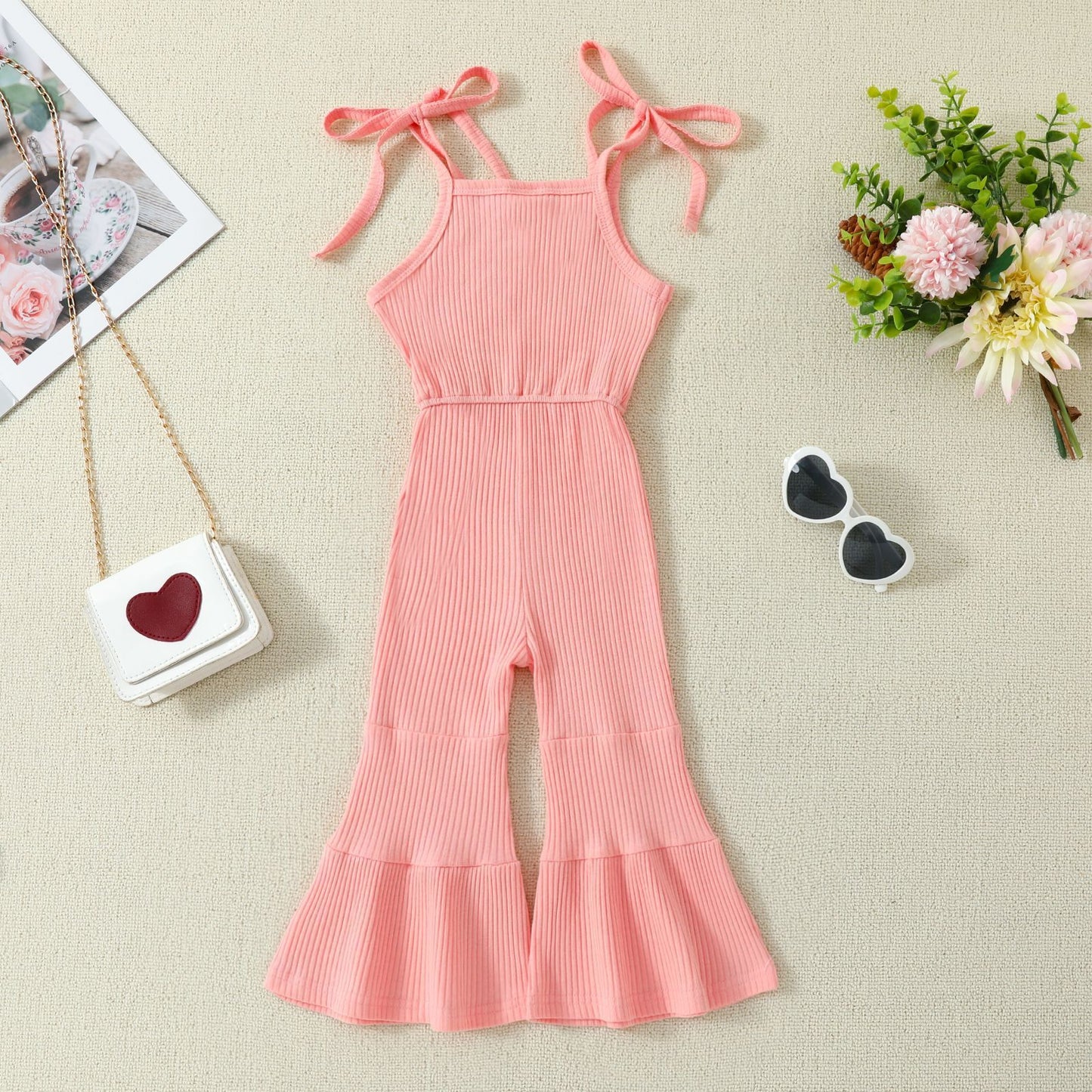 Solid Color Bell-bottom Pants Jumpsuit With Suspenders