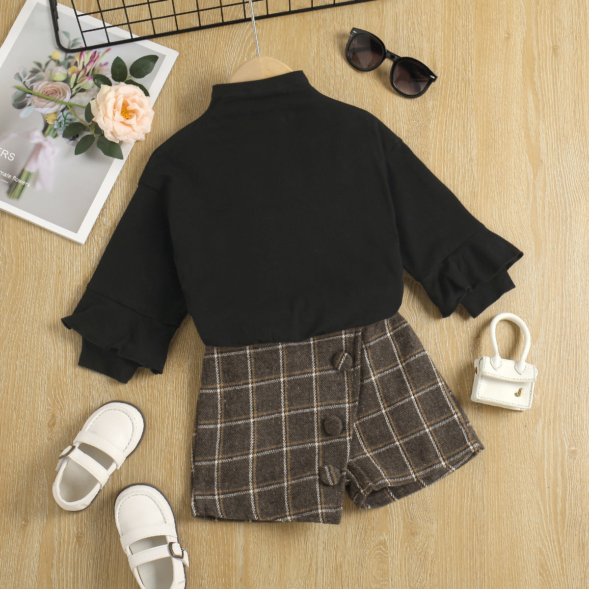 Black Long Sleeved Pullover Sweater Plaid Shorts Two Piece Autumn Outfit