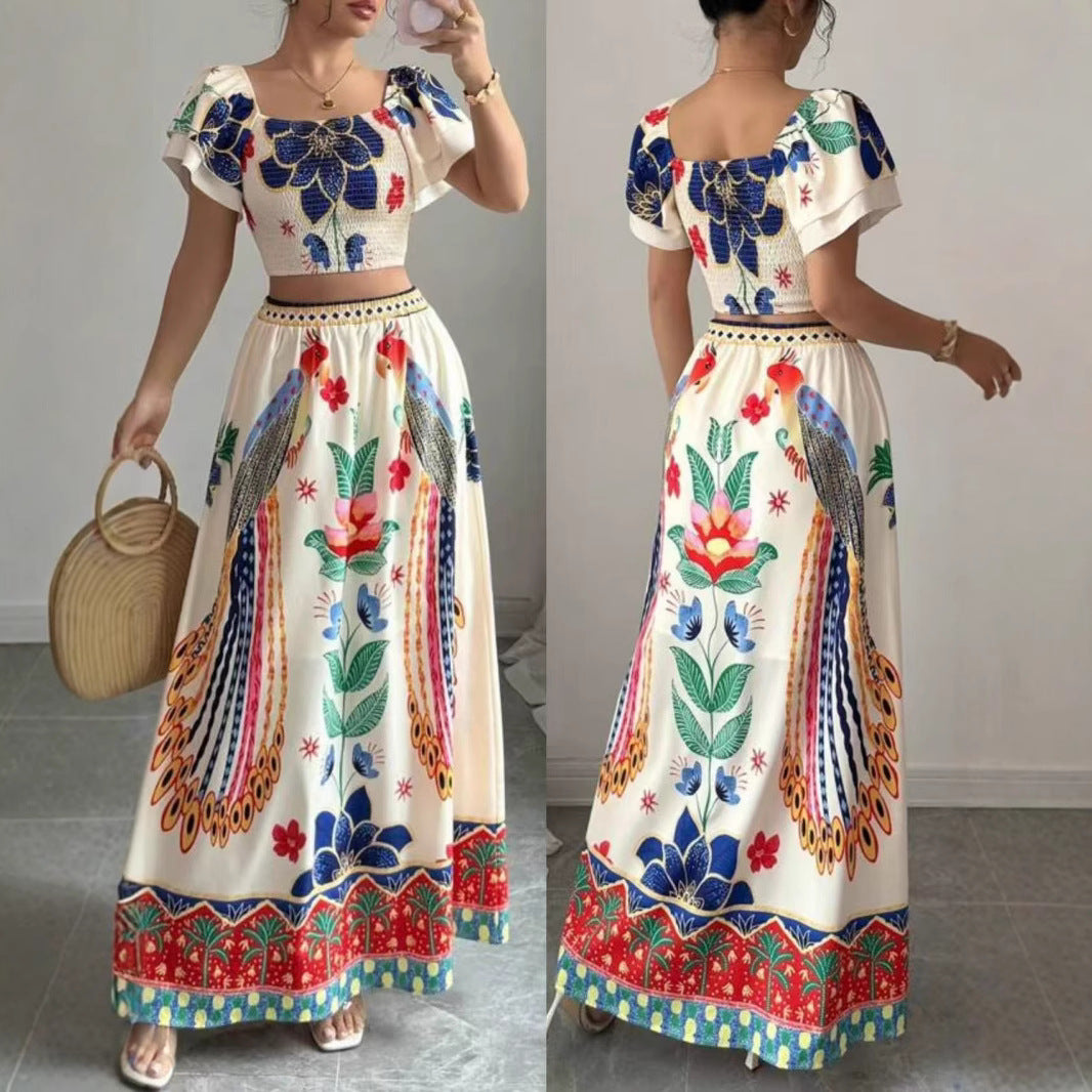 Printed Casual Vacation Bohemian Short-sleeved Top And Long Skirt Ladies Set