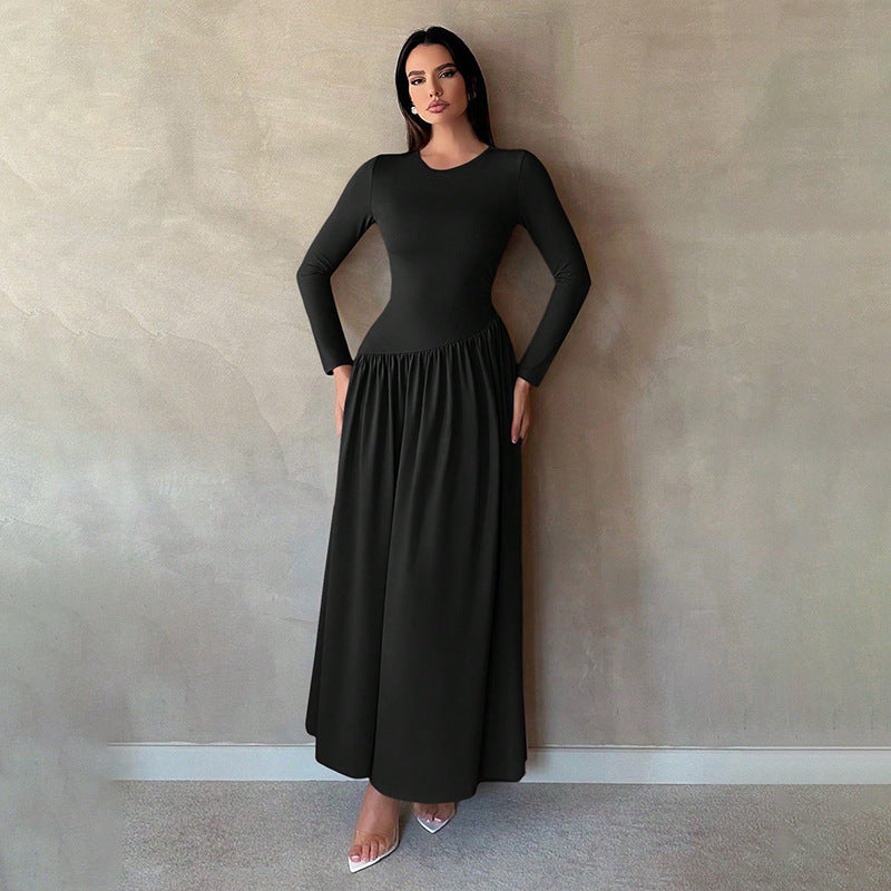 Base Pleated Solid Color Long Dress