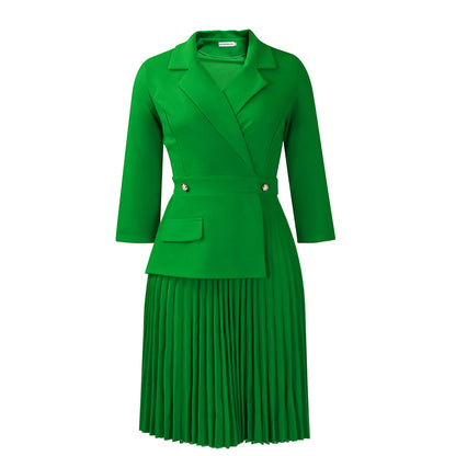 New Fashion Elegant Suit Collar Solid Color Pleated Dress