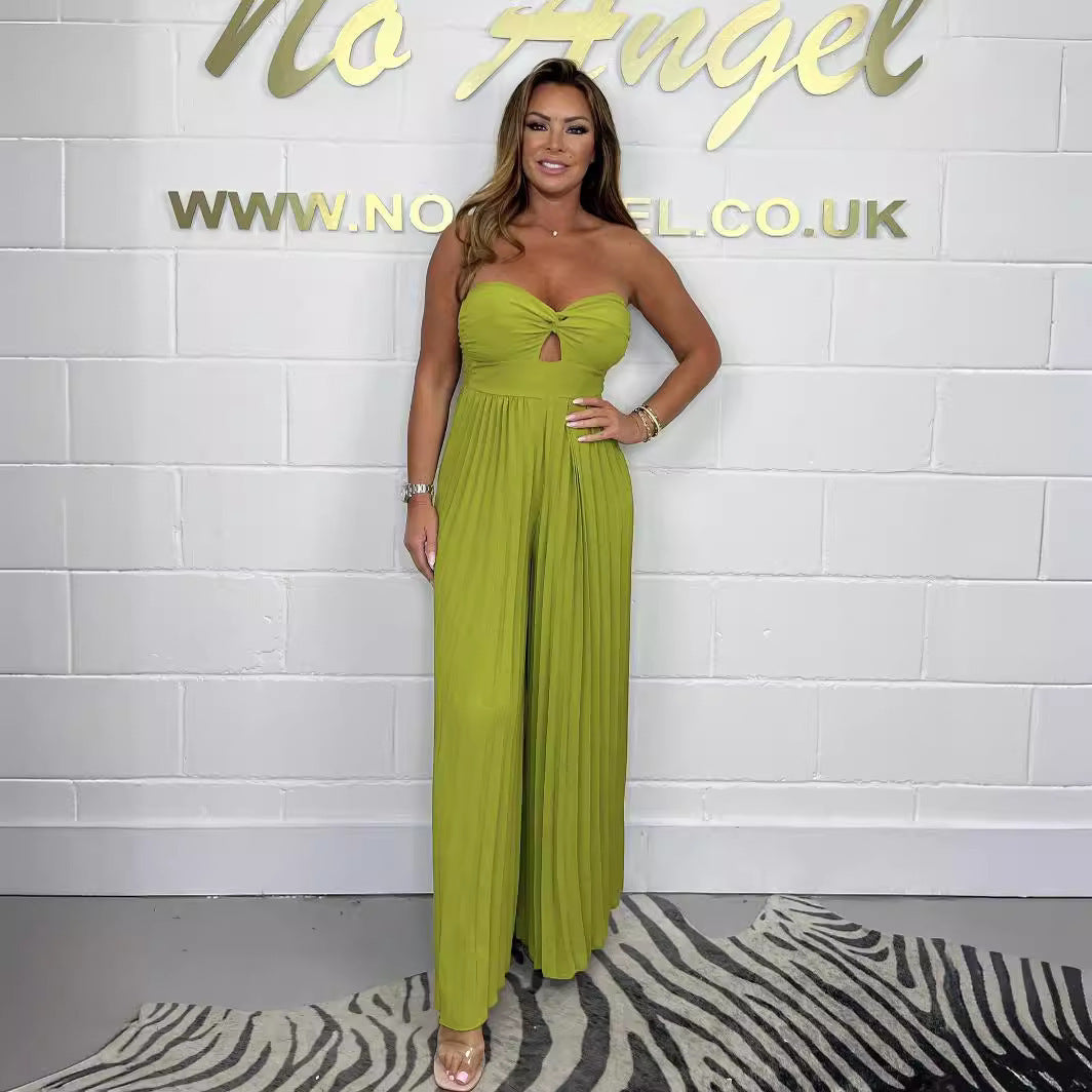 Tube Top Solid Color Pleated Jumpsuit Sleeveless Leotard