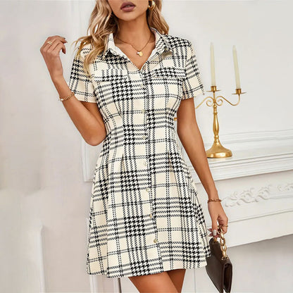 Fashionable Waist-trimming Houndstooth Short Women's Dress