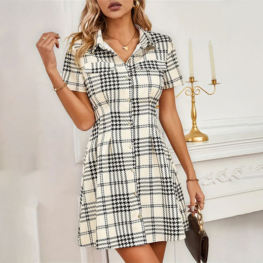 Fashionable Waist-trimming Houndstooth Short Women's Dress