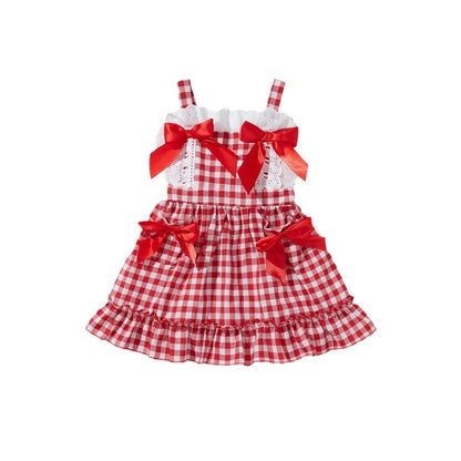 Girls' Red Plaid Bow Suspenders Princess Dress