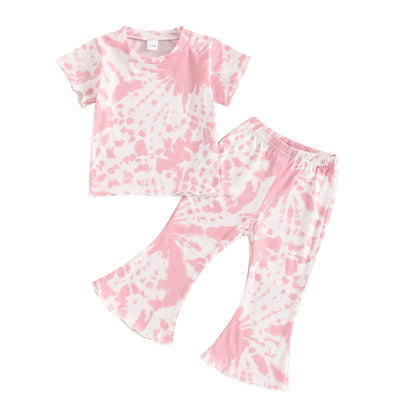 Girls' Tie-dye Peplum Top Bell-bottom Pants Suit