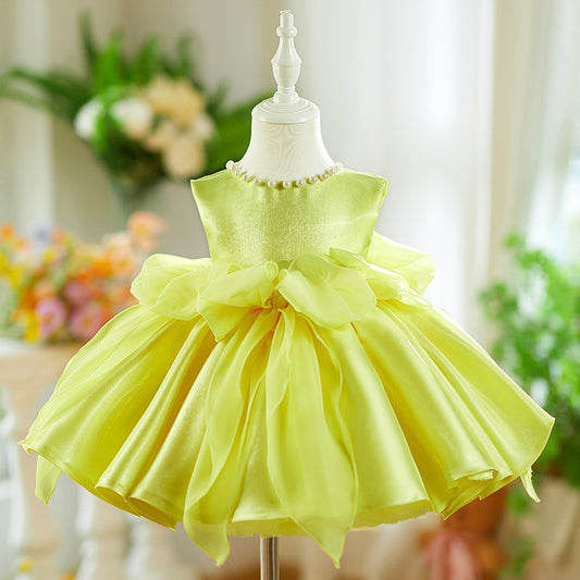 Yellow Mixed Satin Pearl Heavy Industry Pettiskirt Baby Birthday Party Dress