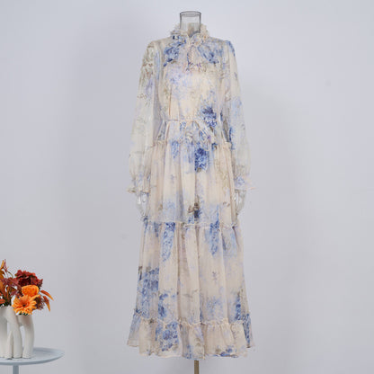 Niche Lilac Purple Lace-up Waist-controlled Long Sleeves Elegant Silk Crepe Dress