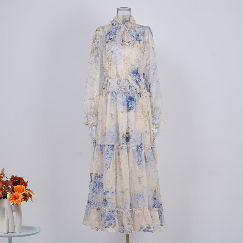 Niche Lilac Purple Lace-up Waist-controlled Long Sleeves Elegant Silk Crepe Dress