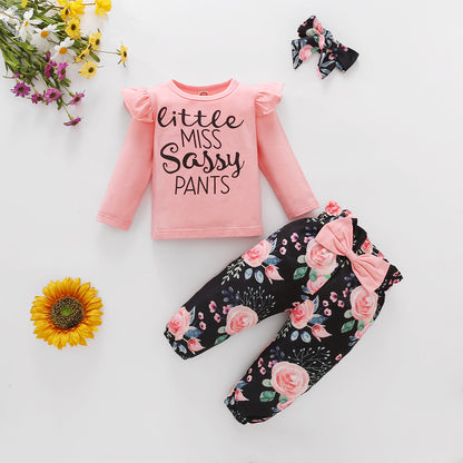 European And American Flower Letter Pattern Flounced Sleeve Bow Girl's Three-piece