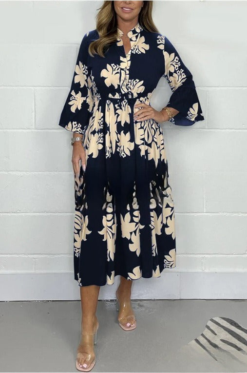 Elegant Printed Stand-up Collar Cinched Long Sleeve Dress