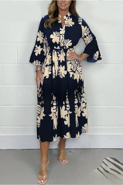 Elegant Printed Stand-up Collar Cinched Long Sleeve Dress