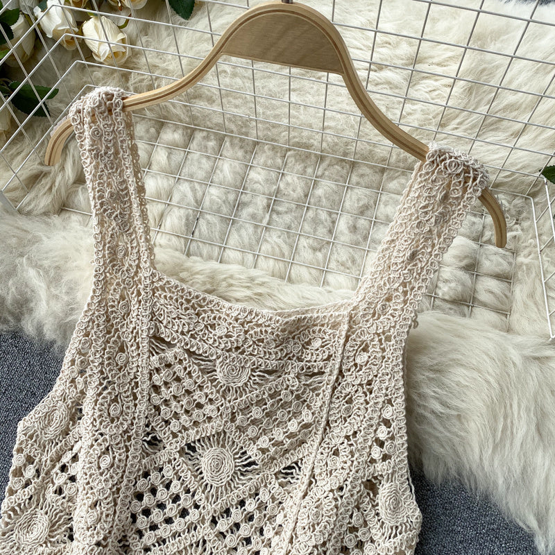 Square Collar Vest Short Top High Waist Sheath Hollow Design Sense Bell-bottom Pants Two-piece Set